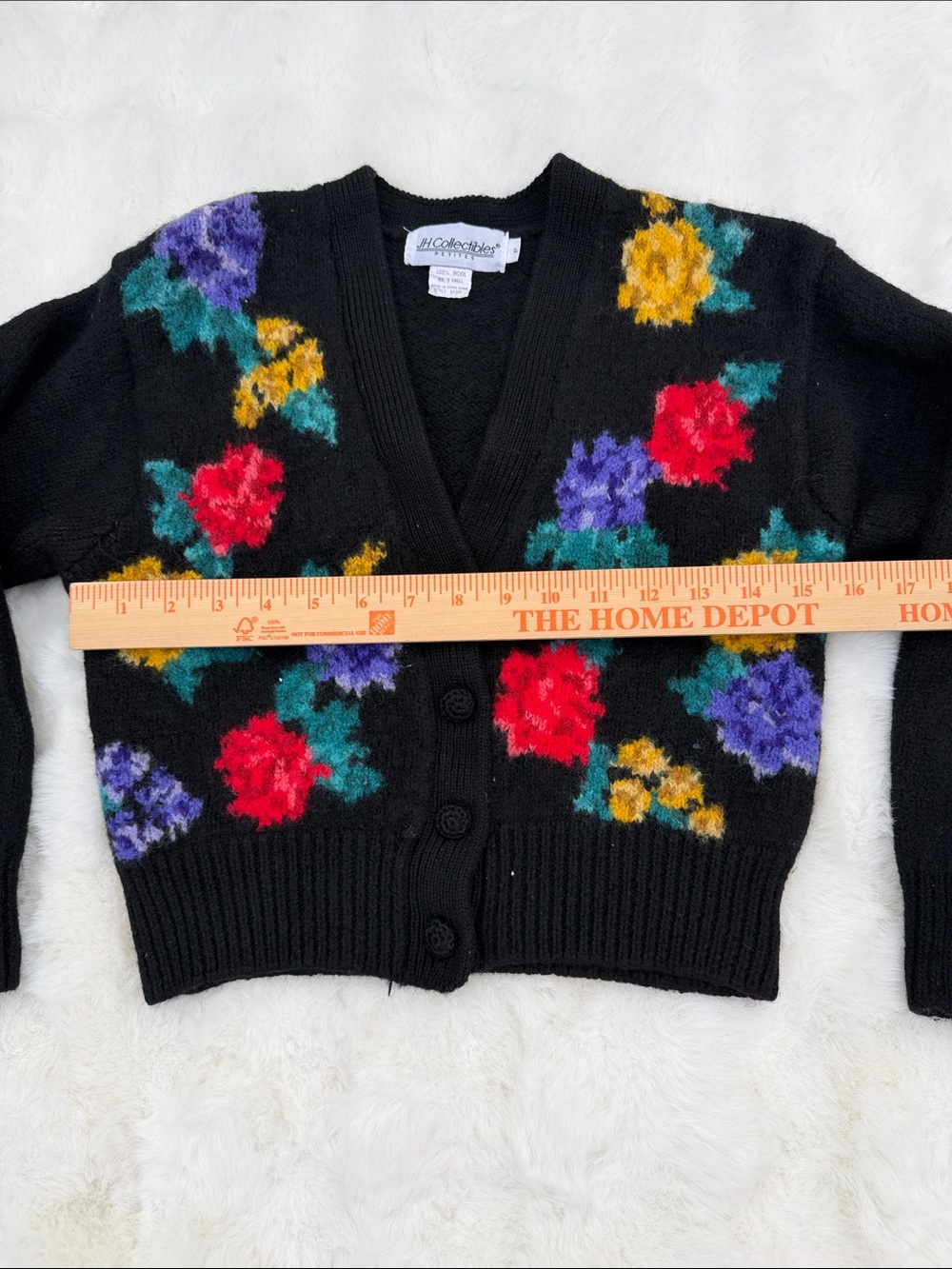 Vintage Petite wool Black Floral Button-Up Women's Cardigan Sweater - Picture 4 of 10